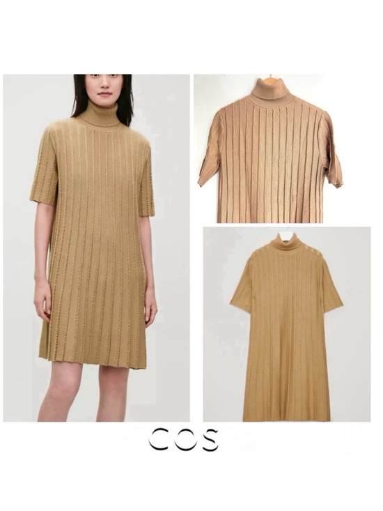 COS Dresses & Skirts - COS Beige Tan / Beige Scallop Pleated Knit Wool Blend Turtleneck Boho Dress Sz S